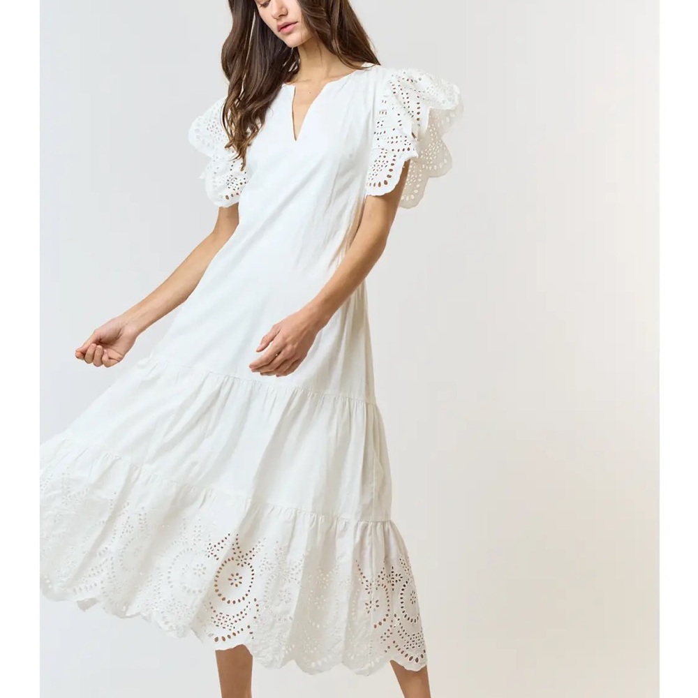 COTTON EYELET SCALLOPED WAIST TIE  MIDI DRESS